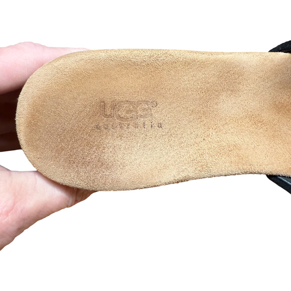 UGG Alvina Women's 7 Black Leather Suede Beige Wedge Heel Slip On Sandal Comfort - Picture 10 of 13
